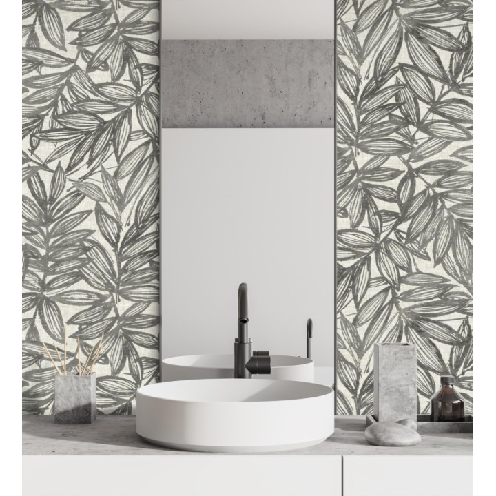 Papel pintado hojas negras impresas en fondo textil - Serene Nature 682971