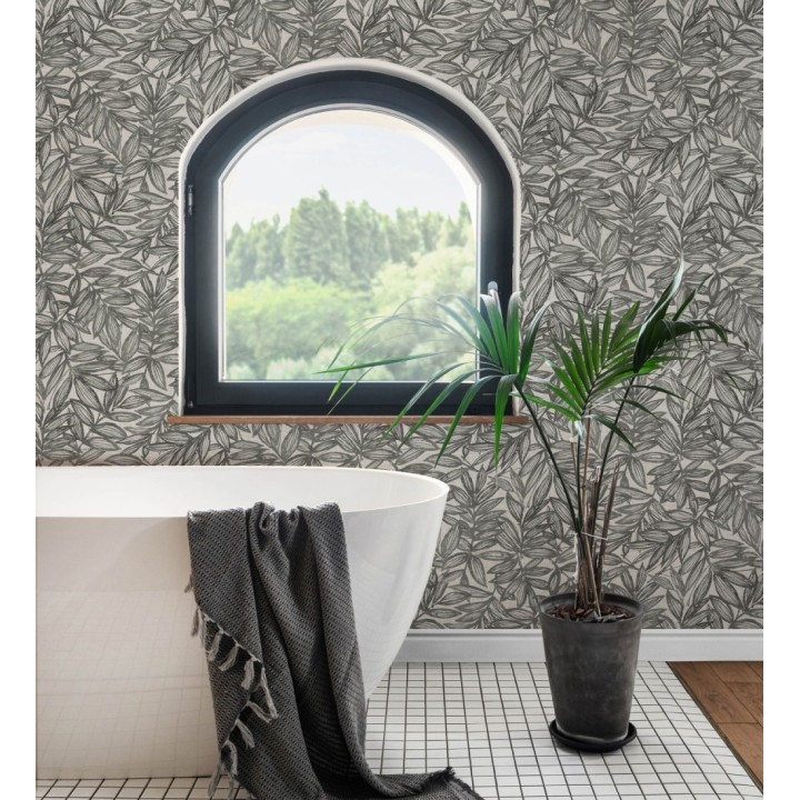 Papel pintado hojas negras impresas en fondo textil - Serene Nature 682971