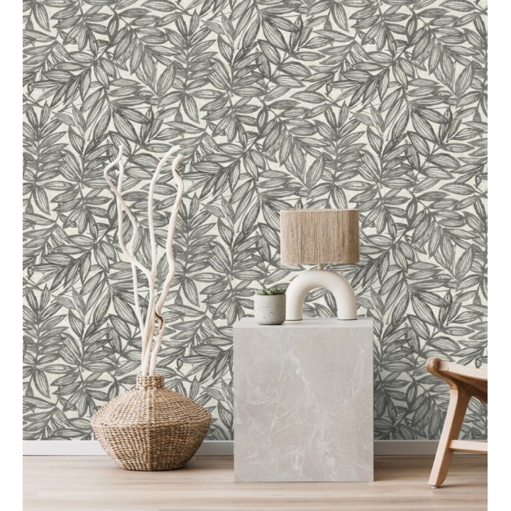 Papel pintado hojas negras impresas en fondo textil - Serene Nature 682971