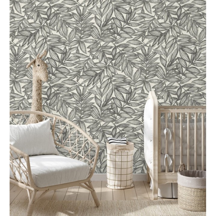 Papel pintado hojas negras impresas en fondo textil - Serene Nature 682971