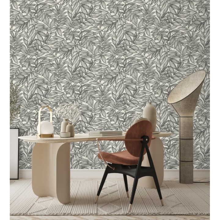 Papel pintado hojas negras impresas en fondo textil - Serene Nature 682971