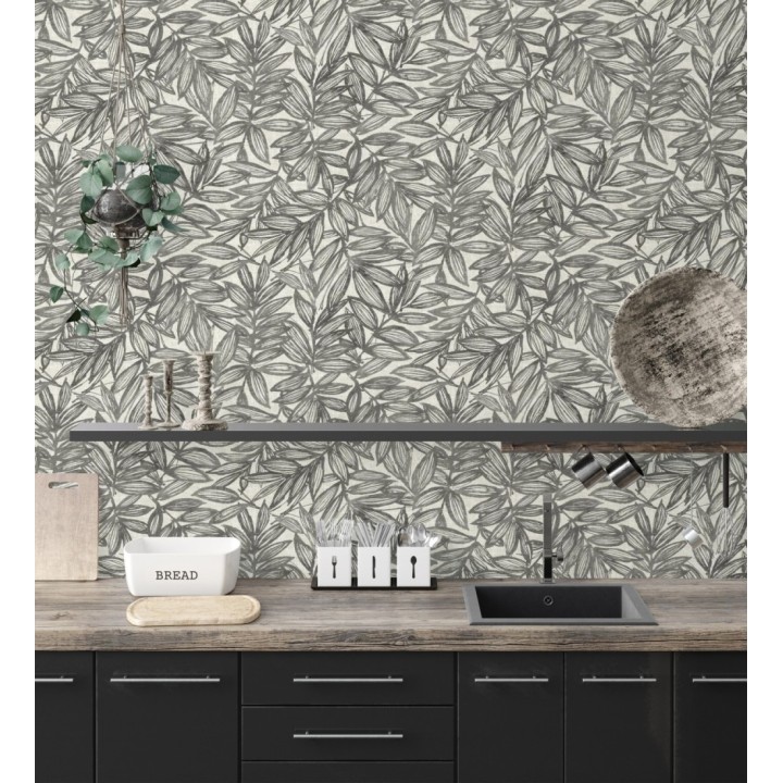 Papel pintado hojas negras impresas en fondo textil - Serene Nature 682971