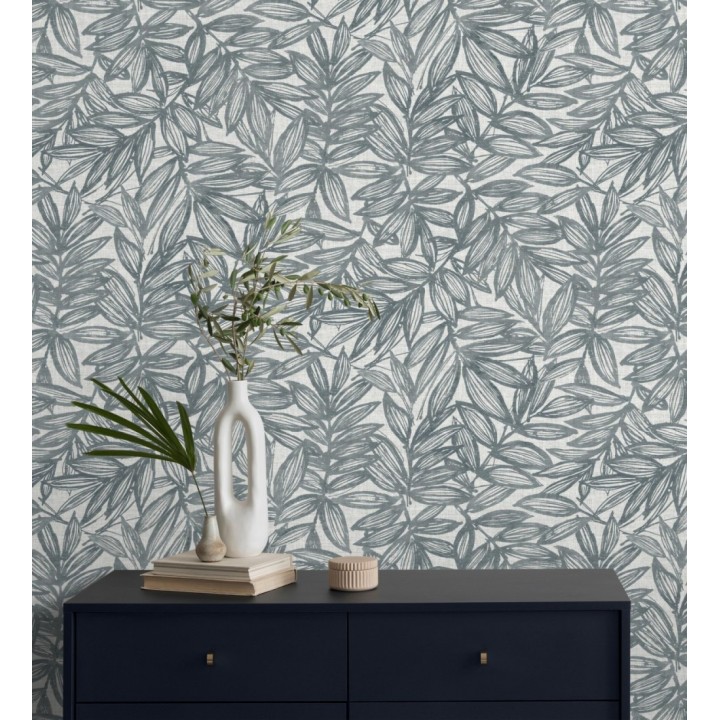 Papel pintado hojas azules impresas en fondo textil - Serene Nature 682972