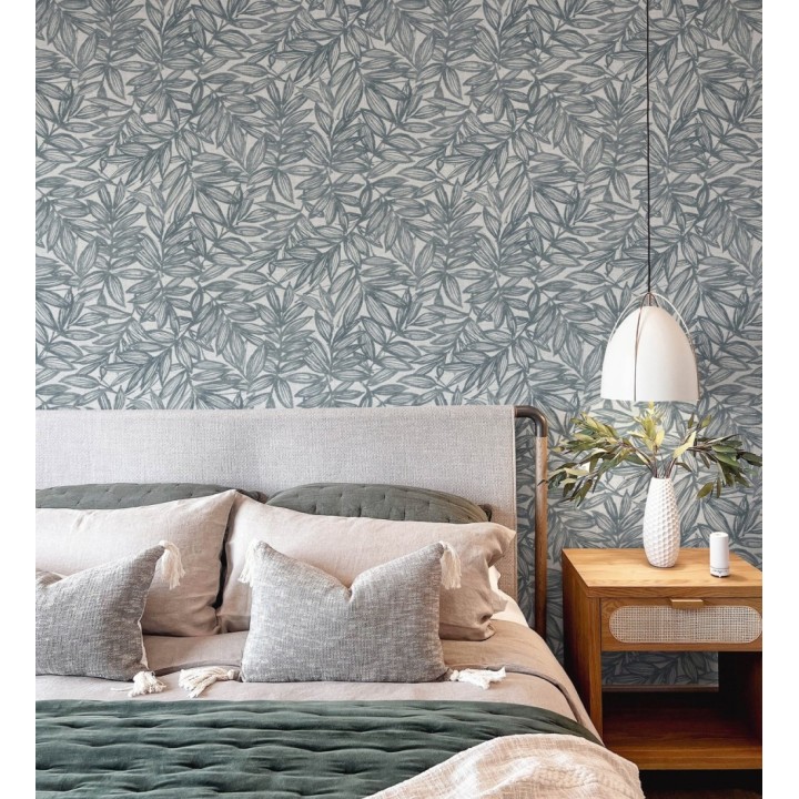 Papel pintado hojas azules impresas en fondo textil - Serene Nature 682972