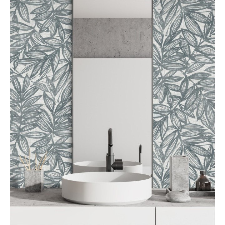 Papel pintado hojas azules impresas en fondo textil - Serene Nature 682972
