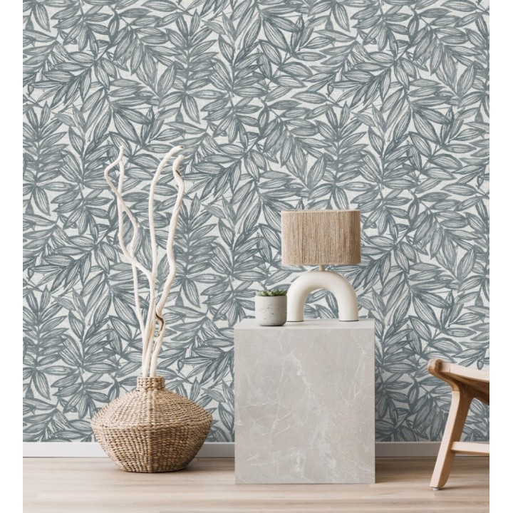 Papel pintado hojas azules impresas en fondo textil - Serene Nature 682972