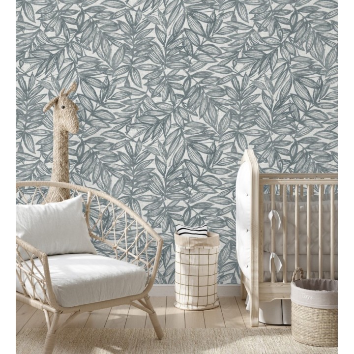 Papel pintado hojas azules impresas en fondo textil - Serene Nature 682972