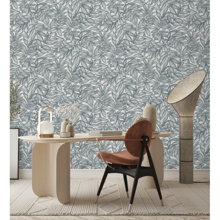 Papel pintado hojas azules impresas en fondo textil - Serene Nature 682972