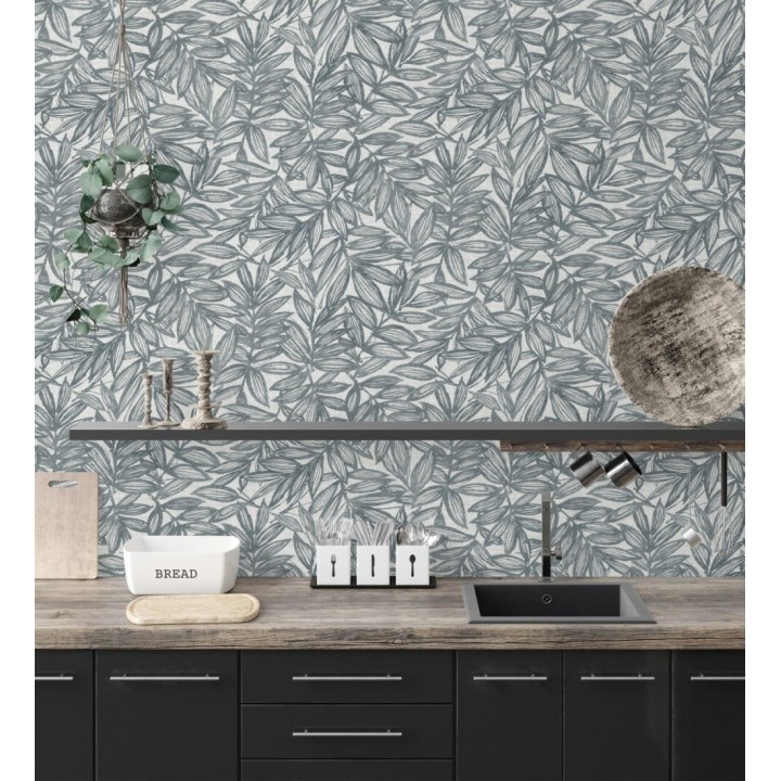 Papel pintado hojas azules impresas en fondo textil - Serene Nature 682972