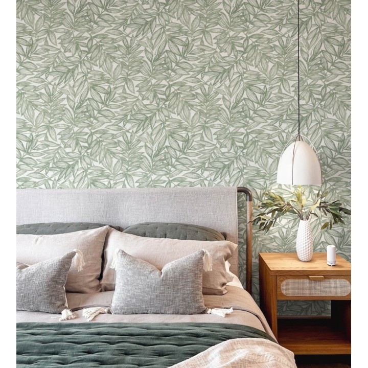 Papel pintado hojas verdes impresas en fondo textil - Serene Nature 682973