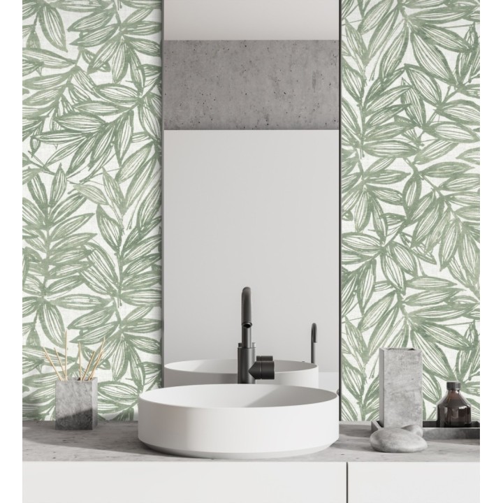 Papel pintado hojas verdes impresas en fondo textil - Serene Nature 682973