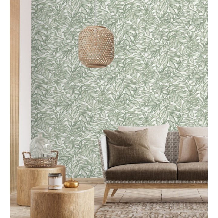 Papel pintado hojas verdes impresas en fondo textil - Serene Nature 682973