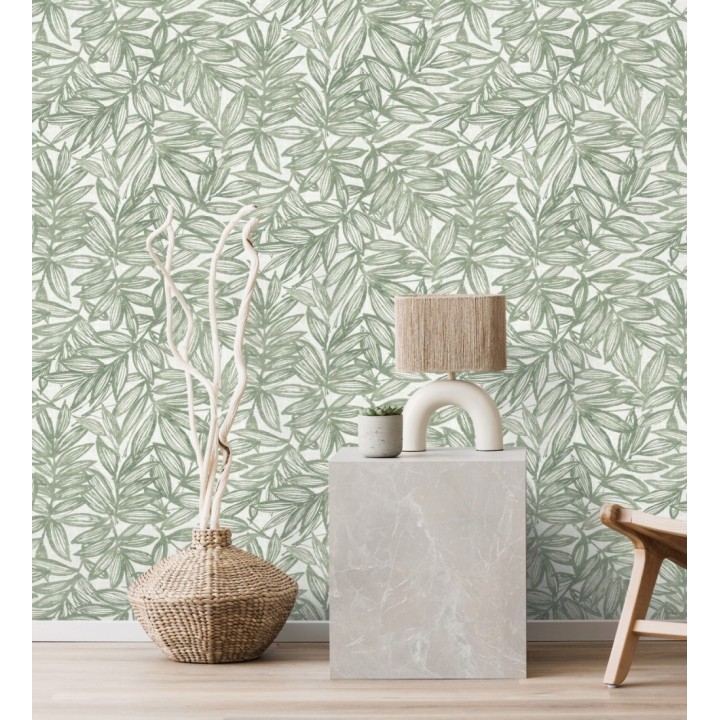 Papel pintado hojas verdes impresas en fondo textil - Serene Nature 682973