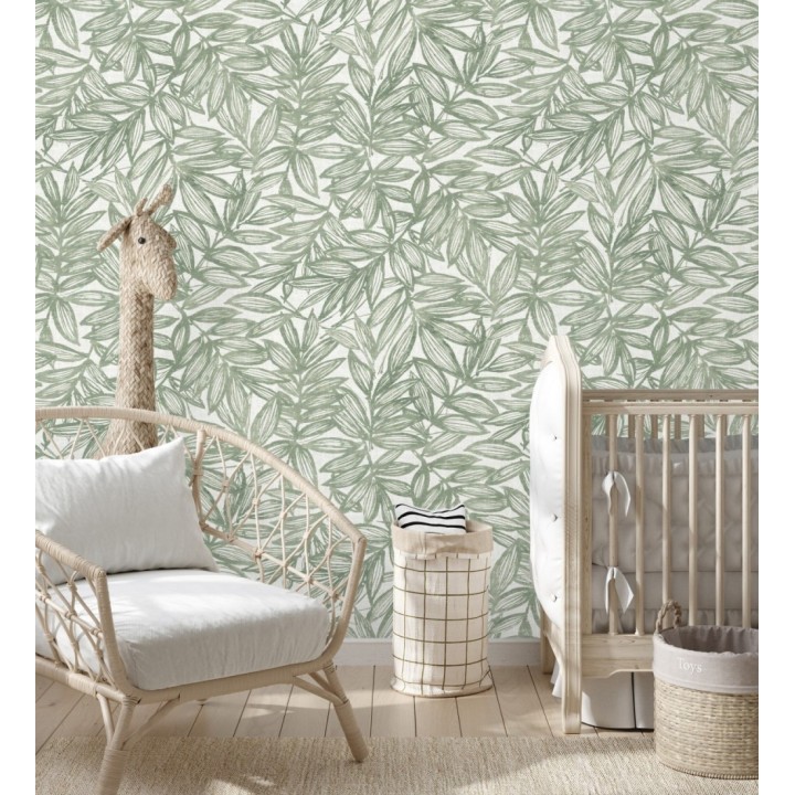Papel pintado hojas verdes impresas en fondo textil - Serene Nature 682973