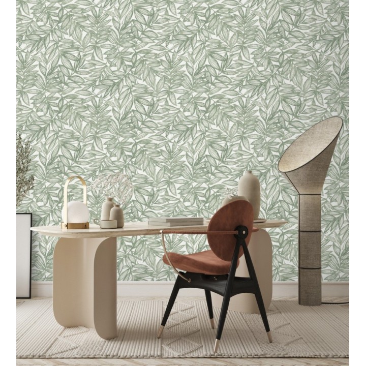 Papel pintado hojas verdes impresas en fondo textil - Serene Nature 682973