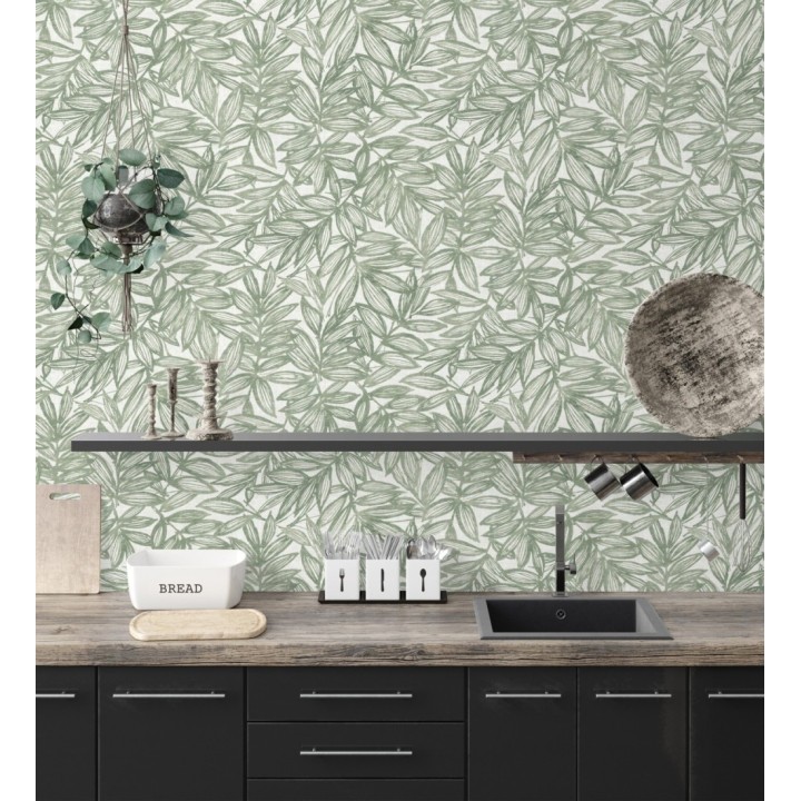 Papel pintado hojas verdes impresas en fondo textil - Serene Nature 682973