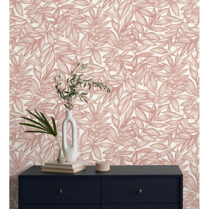 Papel pintado hojas color coral impresas en fondo textil - Serene Nature 682974