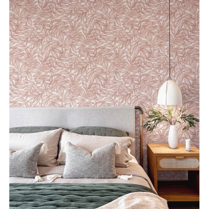 Papel pintado hojas color coral impresas en fondo textil - Serene Nature 682974