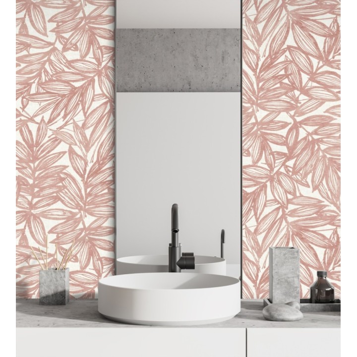Papel pintado hojas color coral impresas en fondo textil - Serene Nature 682974