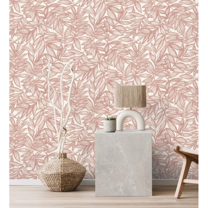 Papel pintado hojas color coral impresas en fondo textil - Serene Nature 682974
