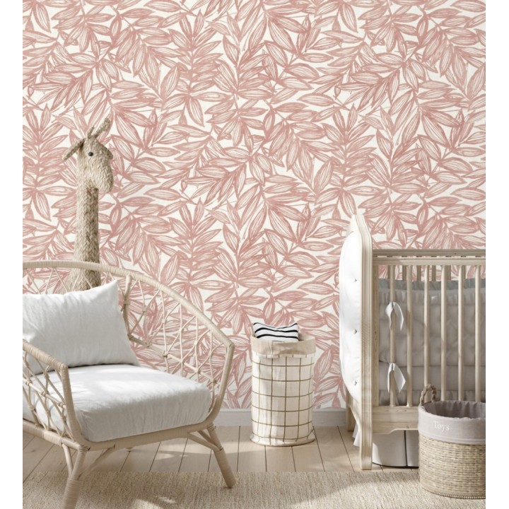 Papel pintado hojas color coral impresas en fondo textil - Serene Nature 682974