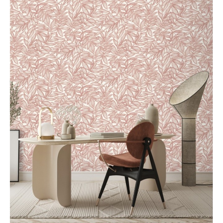 Papel pintado hojas color coral impresas en fondo textil - Serene Nature 682974