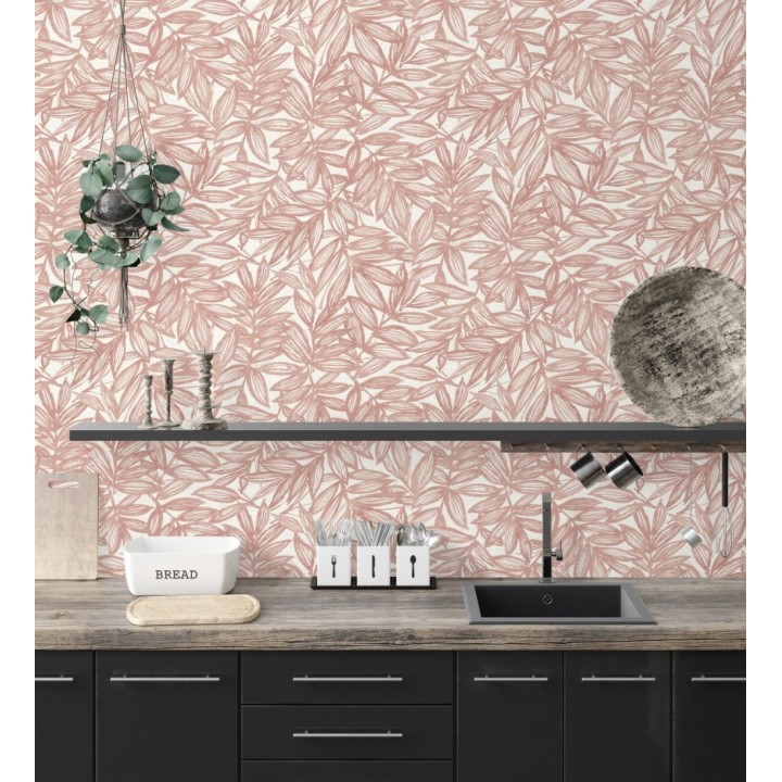 Papel pintado hojas color coral impresas en fondo textil - Serene Nature 682974