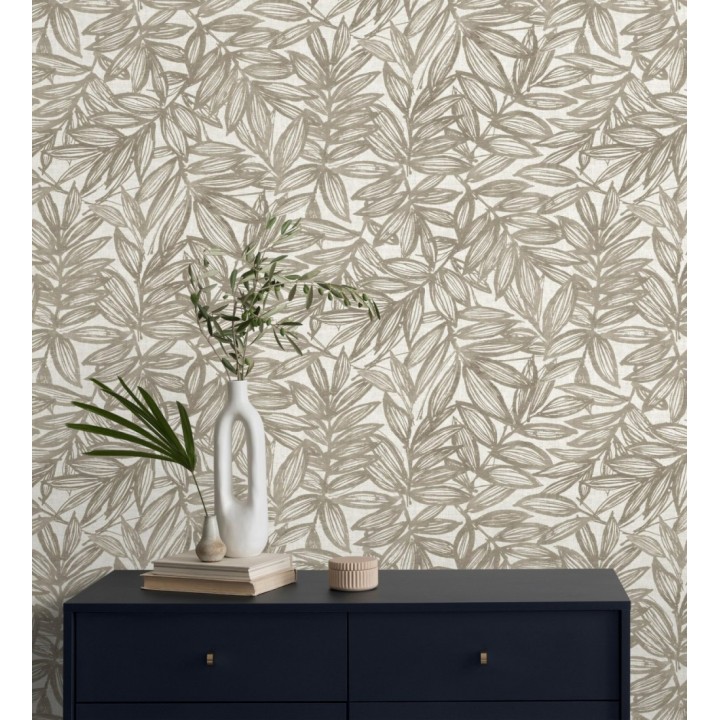 Papel pintado hojas marrones impresas en fondo textil - Serene Nature 682975