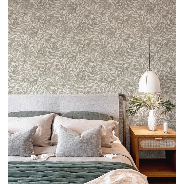 Papel pintado hojas marrones impresas en fondo textil - Serene Nature 682975