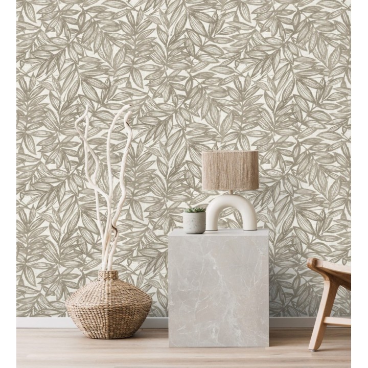 Papel pintado hojas marrones impresas en fondo textil - Serene Nature 682975