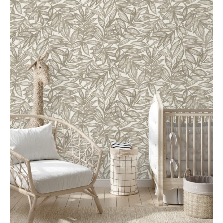 Papel pintado hojas marrones impresas en fondo textil - Serene Nature 682975