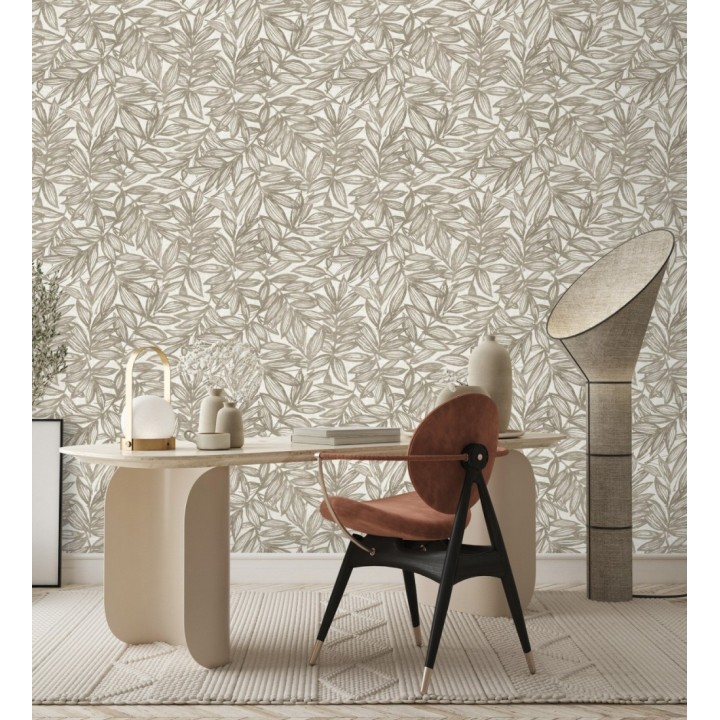 Papel pintado hojas marrones impresas en fondo textil - Serene Nature 682975