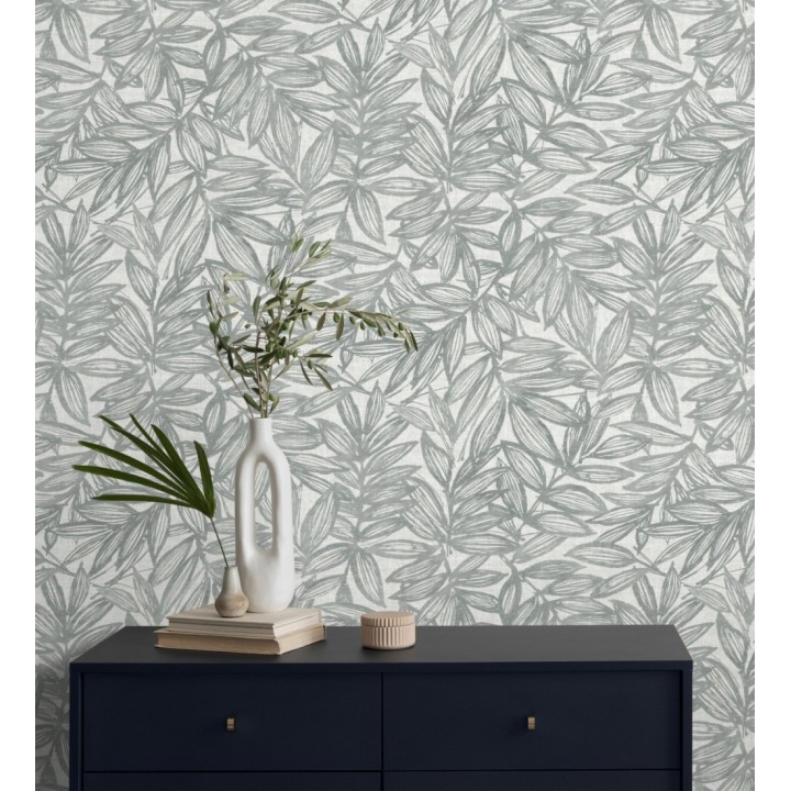 Papel pintado hojas gris verdoso impresas en fondo textil - Serene Nature 682976