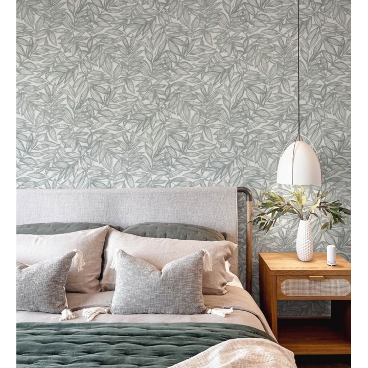 Papel pintado hojas gris verdoso impresas en fondo textil - Serene Nature 682976