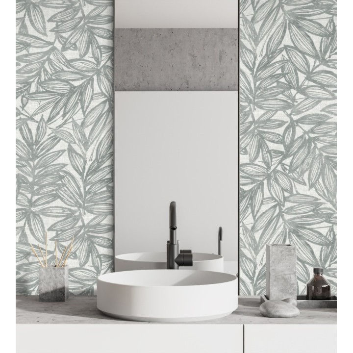Papel pintado hojas gris verdoso impresas en fondo textil - Serene Nature 682976