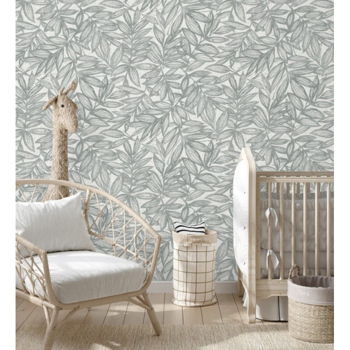 Papel pintado hojas gris verdoso impresas en fondo textil - Serene Nature 682976