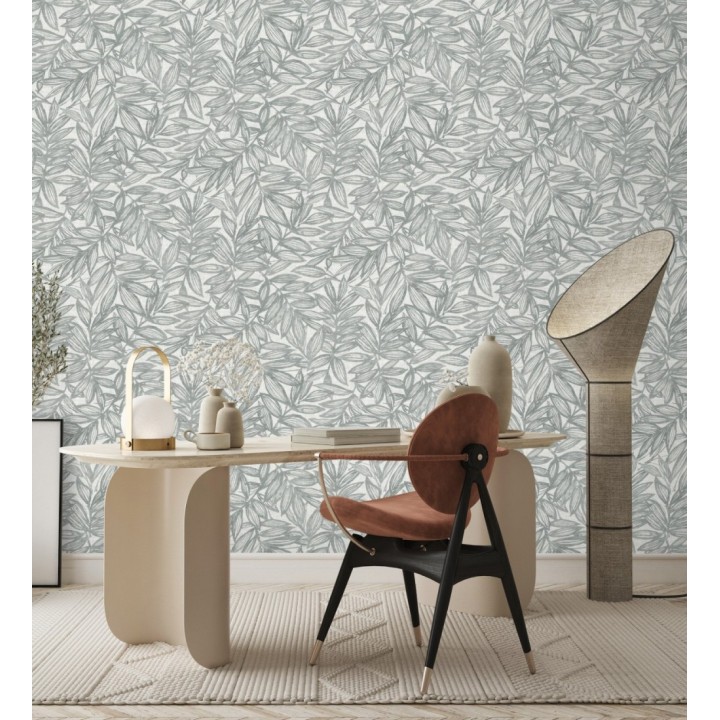Papel pintado hojas gris verdoso impresas en fondo textil - Serene Nature 682976