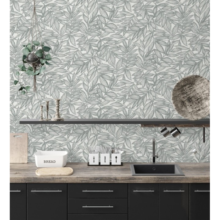 Papel pintado hojas gris verdoso impresas en fondo textil - Serene Nature 682976