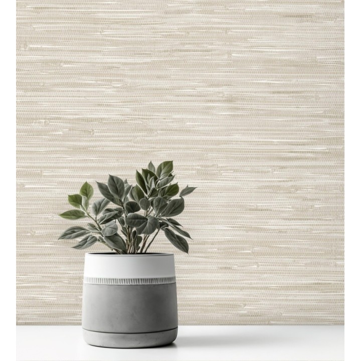 Papel pintado efecto cañas entrelazadas con yute natural en tonos gris y beige claro - Talasari Bamboo 683000