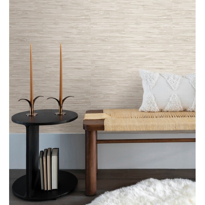 Papel pintado efecto cañas entrelazadas con yute natural en tonos gris y beige claro - Talasari Bamboo 683000