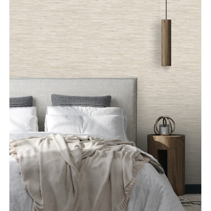 Papel pintado efecto cañas entrelazadas con yute natural en tonos gris y beige claro - Talasari Bamboo 683000