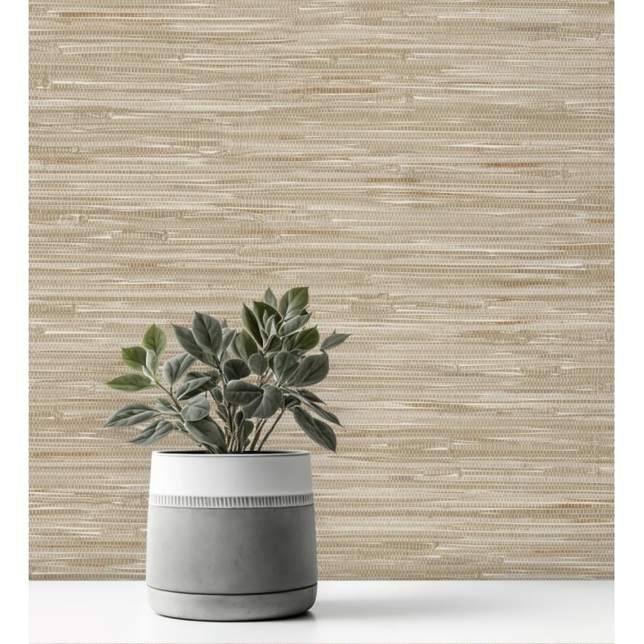 Papel pintado efecto cañas entrelazadas con yute natural en tonos beige tostado - Talasari Bamboo 683001