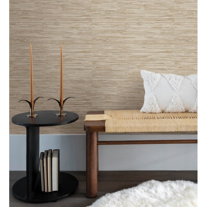 Papel pintado efecto cañas entrelazadas con yute natural en tonos beige tostado - Talasari Bamboo 683001