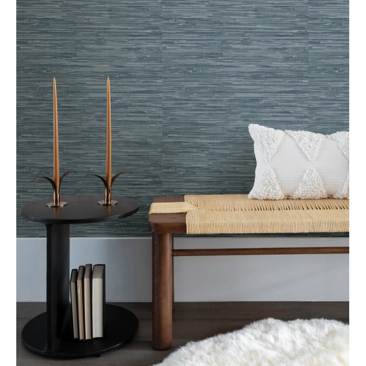 Papel pintado efecto cañas entrelazadas con yute natural en tonos azules - Talasari Bamboo 683002