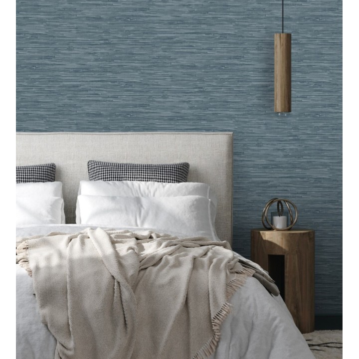 Papel pintado efecto cañas entrelazadas con yute natural en tonos azules - Talasari Bamboo 683002