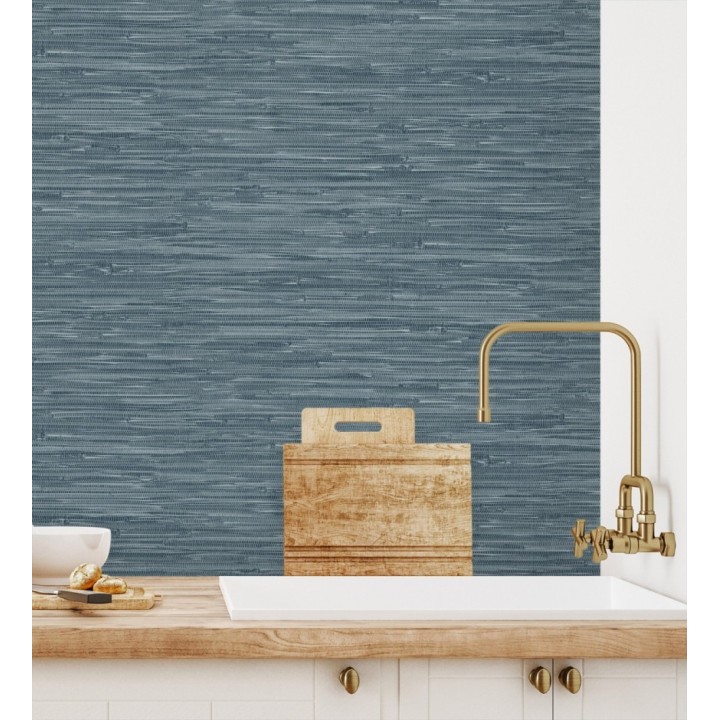 Papel pintado efecto cañas entrelazadas con yute natural en tonos azules - Talasari Bamboo 683002