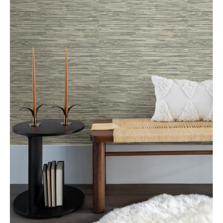 Papel pintado efecto cañas entrelazadas con yute natural en tonos verdes - Talasari Bamboo 683003