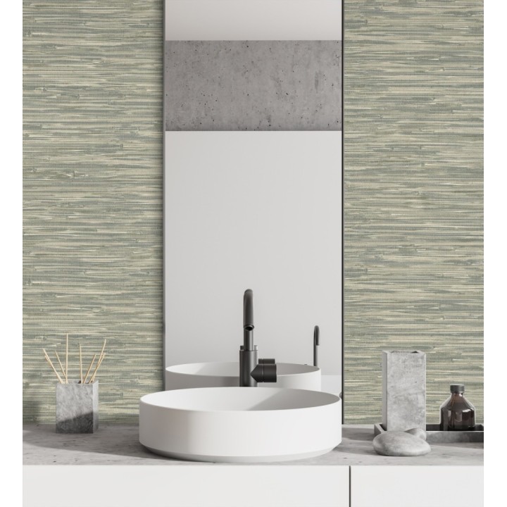 Papel pintado efecto cañas entrelazadas con yute natural en tonos verdes - Talasari Bamboo 683003