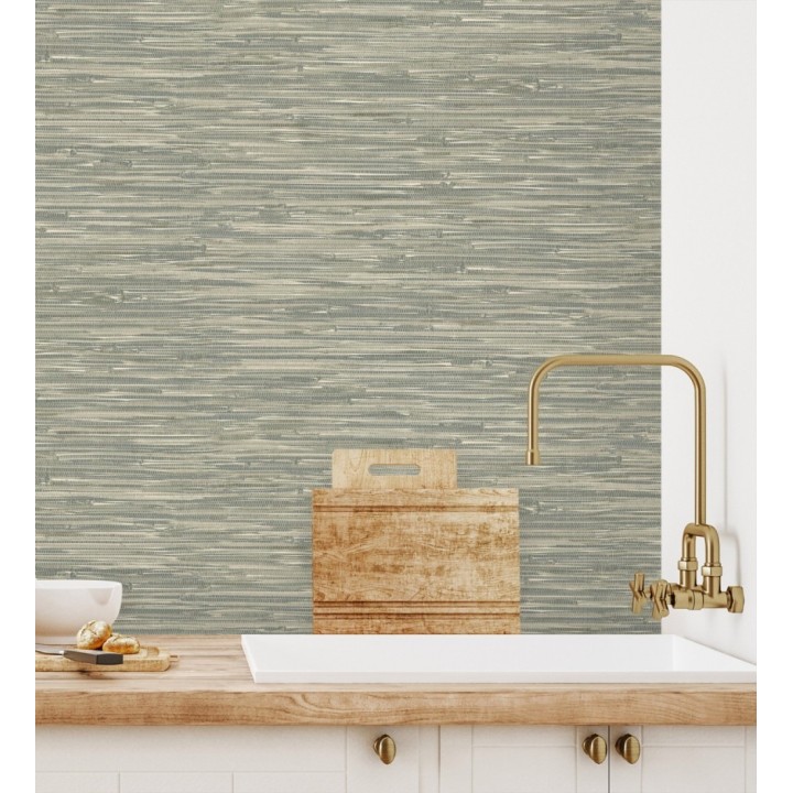 Papel pintado efecto cañas entrelazadas con yute natural en tonos verdes - Talasari Bamboo 683003