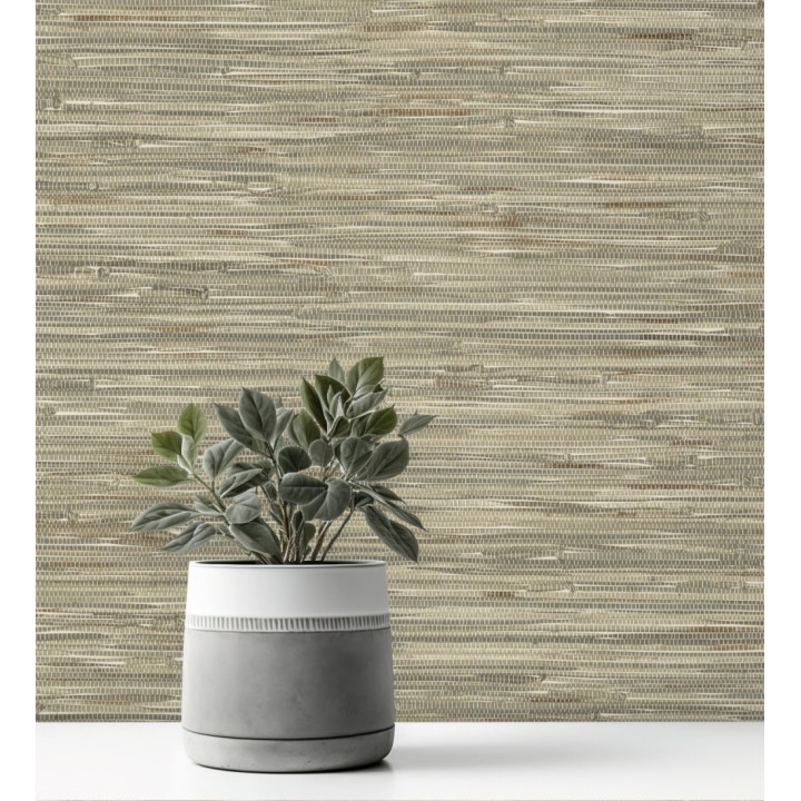 Papel pintado efecto cañas entrelazadas con yute natural en tonos verde salvia y beige - Talasari Bamboo 683004